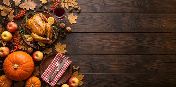 Traditional Thanksgiving Dinner Flat Lay with Roasted Turkey Pumpkin Apples and Autumn Leaves on Rustic Wooden Table Background with Copy Space.