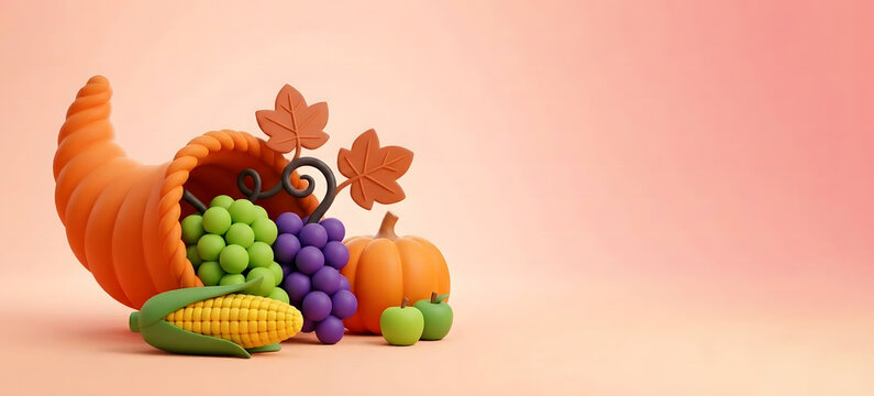 Stylized 3D Harvest Cornucopia with Pumpkin, Corn, Grapes, and Apples on Peach Background, Thanksgiving Autumn Season Decoration Illustration with Copy Space.