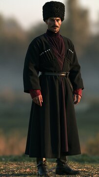 Cossack man in traditional costume standing confidently in an outdoor setting
