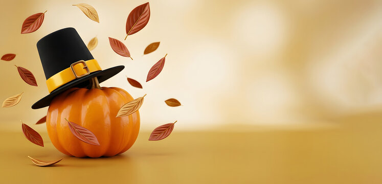 3D Thanksgiving Pumpkin with Pilgrim Hat and Falling Autumn Leaves on Golden Bokeh Background, Festive Fall Harvest Banner with Copy Space.