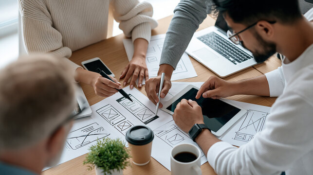 Top-down view of a faceless creative team's sketches and wireframes spread across a desk, overhead brainstorming concept, with copy space