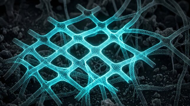 Intricate glowing cyan lattice structure composed of hexagonal carbon nanotubes isolated on a dark textured microscopic background for scientific exploration