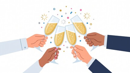 Obraz premium Champagne Celebration: Hands clink champagne glasses in a toast, celebrating a momentous occasion with confetti and festive sparkles in the air.