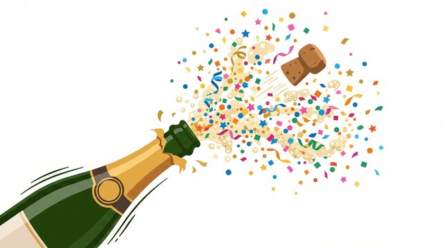 Celebration Pop: A champagne bottle bursts open, releasing a colorful explosion of confetti and streamers, marking a moment of joyous festivity and elation.