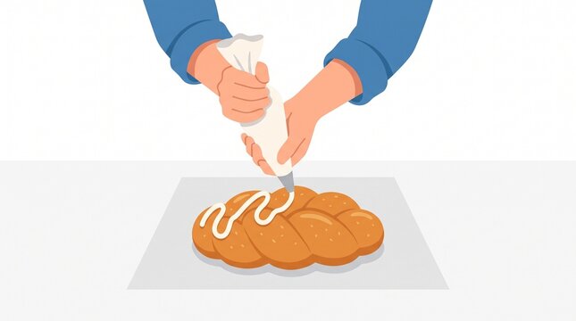 Decorating a Braided Bread: Hands skillfully pipe white icing onto a golden-brown braided bread, adding a sweet finishing touch to a baked creation.