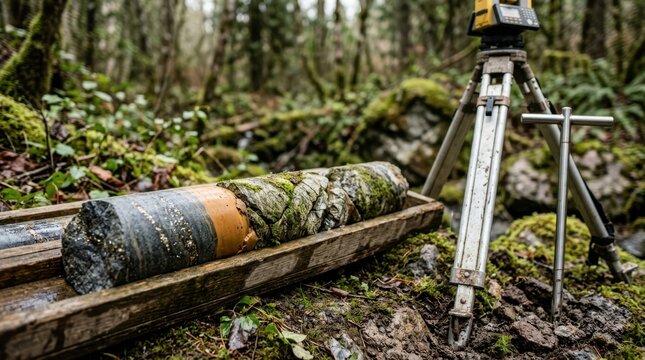 Layered drill core with mineral veins beside a survey tripod and soil probe for site assessment