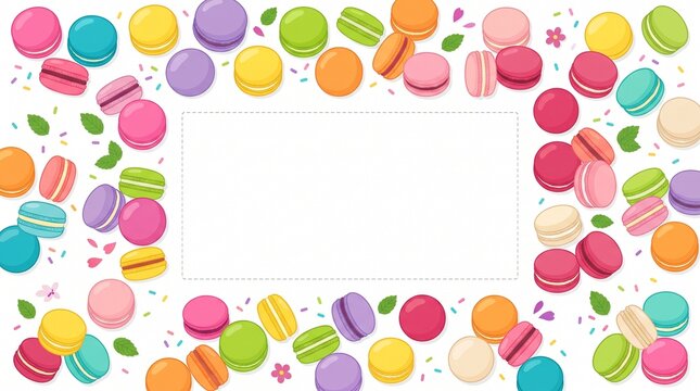 Colorful Macaron Border: A vibrant and playful border made of assorted macaron cookies in various pastel colors, scattered confetti, and green leaves. This delightful frame is perfect for invitations.