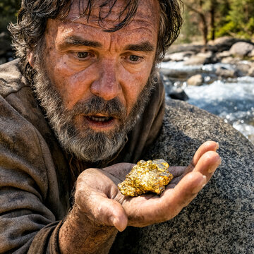 A weathered bearded man holds a large gold nugget in a cupped hand beside a rushing mountain river, staring at it in disbelief.