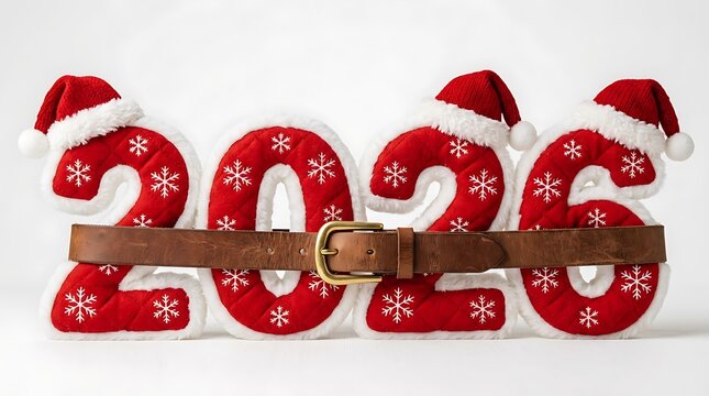 New year 2026 red plush numbers wearing santa hats and a leather belt