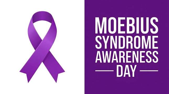 A vibrant purple ribbon illustration is displayed with text supporting moebius syndrome awareness day to encourage understanding and provide vital support for those