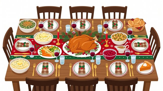 Festive Feast: A beautifully set dining table laden with a traditional holiday roast turkey, a spread of delicious side dishes, and festive decorations.