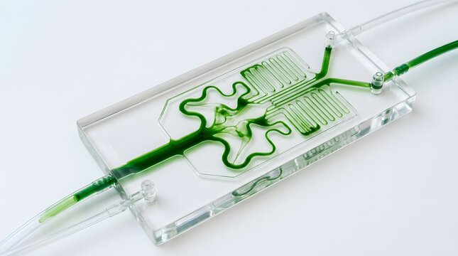 Microfluidic device featuring intricate transparent channels filled with vibrant green liquid for advanced chemical research and clinical diagnostic laboratory testing