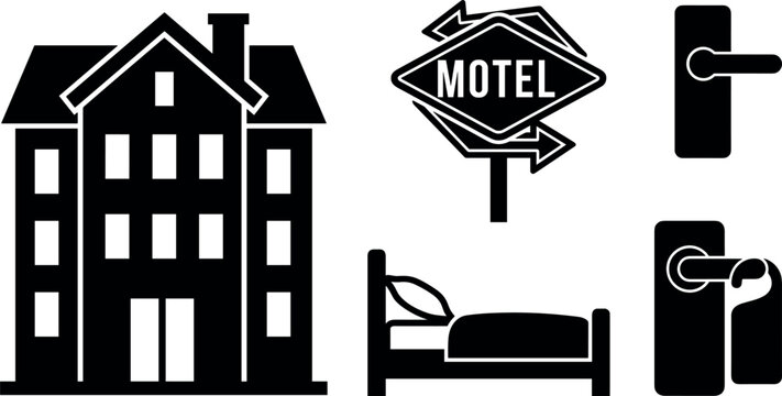 Hotel and motel accommodation icons set including building, sign, bed and door handle