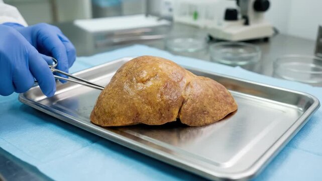 Pathological organ analysis: human liver, disease research, hepatitis condition, cellular damage, medical science, laboratory procedure, anatomical study, clinic care.