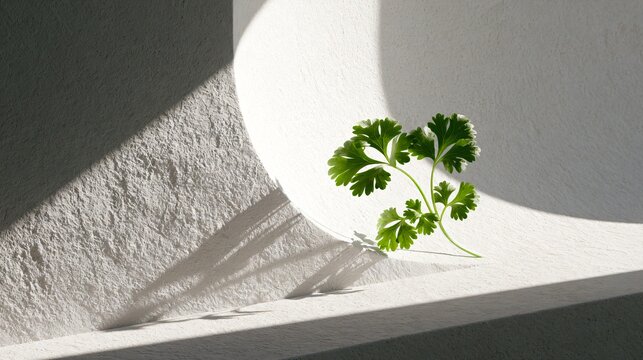 An ultra-minimal luxury advertising composition featuring a single vibrant coriander plant sprig resting on sculptural white concrete beneath dramatic architectural sunlight