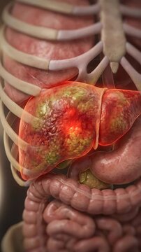 Hepatic distress evolution: liver hepatitis, organ inflammation, human anatomy, disease progression, cellular damage, body ailment, viscera problem, medical concept.