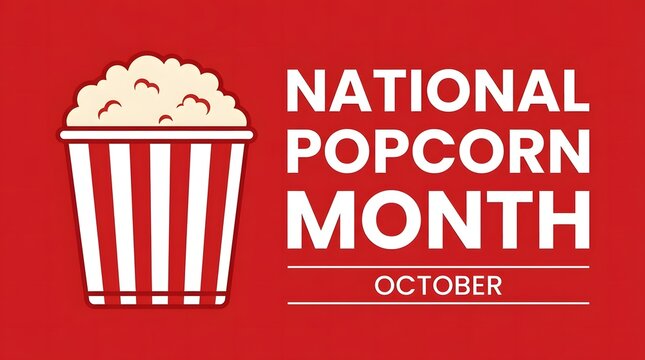 Celebratory graphic for national popcorn month in october featuring a full container of fluffy delicious popcorn on a red background
