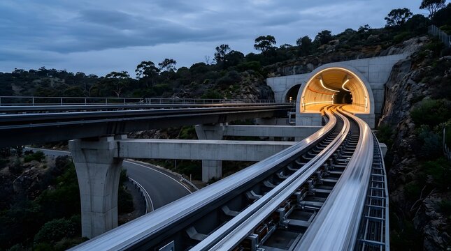 Elevated railway tracks leading into a glowing concrete tunnel during the twilight hours surrounded by lush hills and rocky terrain