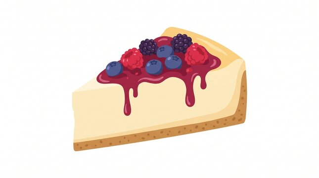 Cheesecake Slice with Berries: A delicious slice of creamy cheesecake topped with a rich berry compote and fresh berries, presented as an illustration, promising a delightful sweet treat.