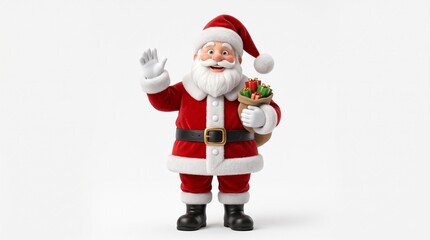 Fototapeta premium Cheerful Santa Claus waving hello and holding a sack full of gifts on a white background