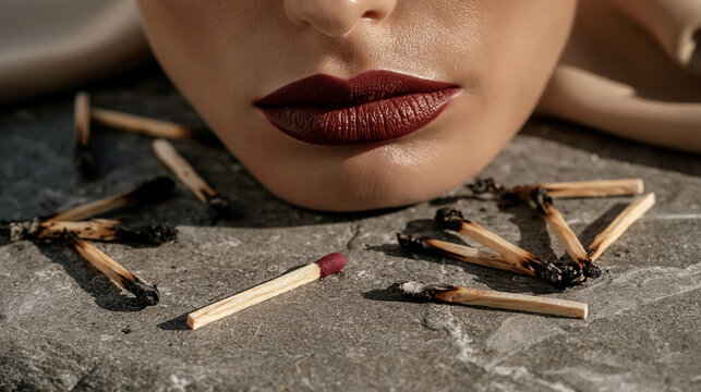 Woman with bold makeup lying on stones with burnt matches around her