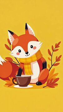 Cute red fox in a yellow scarf reaches for a warm cup and enjoys a cozy autumn moment among colorful leaves