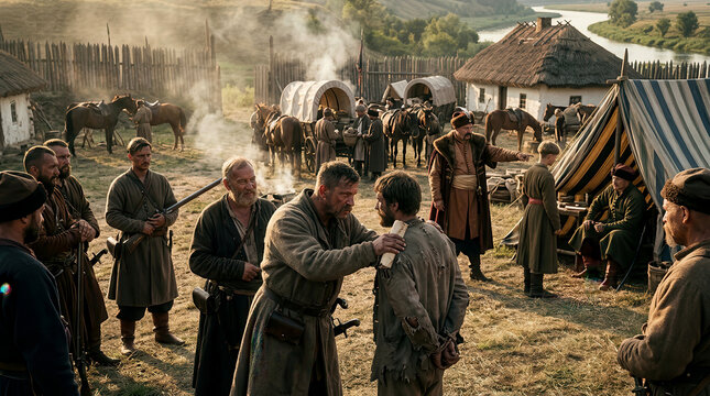 Cossack leader confronting a prisoner in a historical military camp with horses and wagons