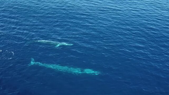 Majestic blue whales glide silently beneath the shimmering surface of the Pacific Ocean while enjoying a calm morning swim.