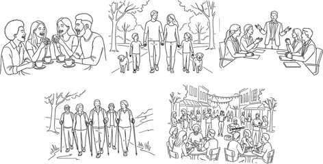 Fototapeta premium Social activity scenes set coffee friends park family walk business presentation hiking seniors street festival line art vector.