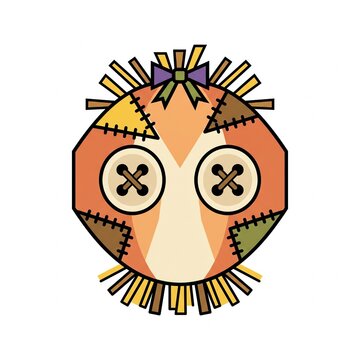 A stylized vector illustration of a scarecrow mask featuring stitched patches, button eyes, straw details, and a purple bow on top.
