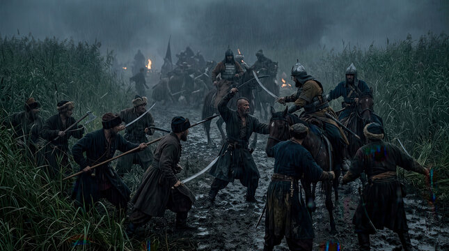 Group of historical warriors in traditional clothing fighting with swords and spears in a marsh