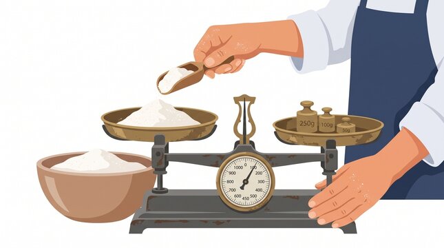 Measuring Sugar with Scale: A close-up shot shows a person's hands using an antique balance scale to measure white granulated sugar, with a bowl of sugar nearby.