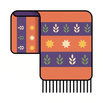 Colorful folded knitted scarf featuring striped patterns with floral and star motifs, finished with fringed edges on a clean white background.