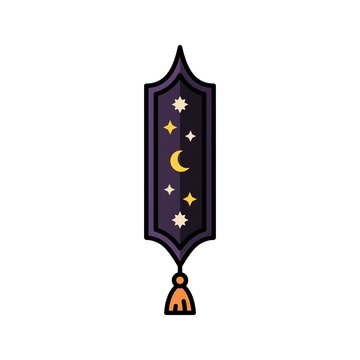 Minimalist mystical bookmark decorated with golden moon phases and shimmering stars on a dark purple tapestry with a hanging tassel.