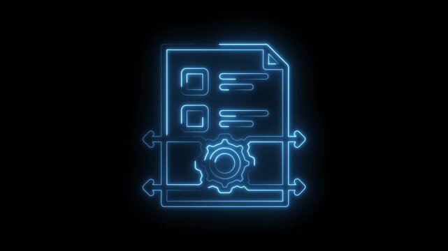 Blue neon outline of a document with checkboxes and text alongside a rotating gear and... icon