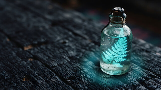 Glowing fern leaf inside a small glass bottle on dark wood
