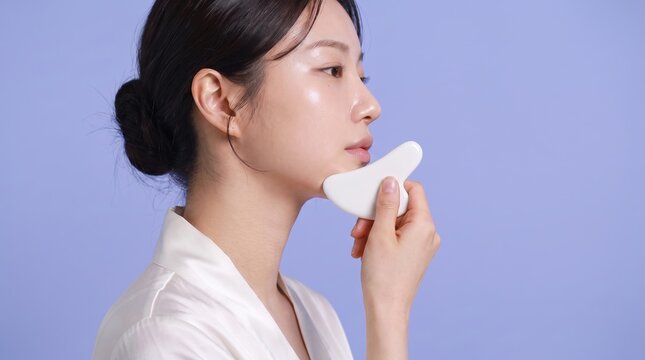 Asian woman massaging jawline with facial sculpting tool in studio