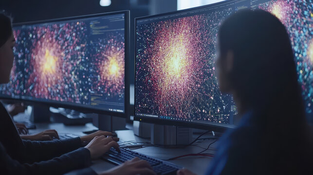 Scientists analyze complex data on computer screens in a lab setting at night