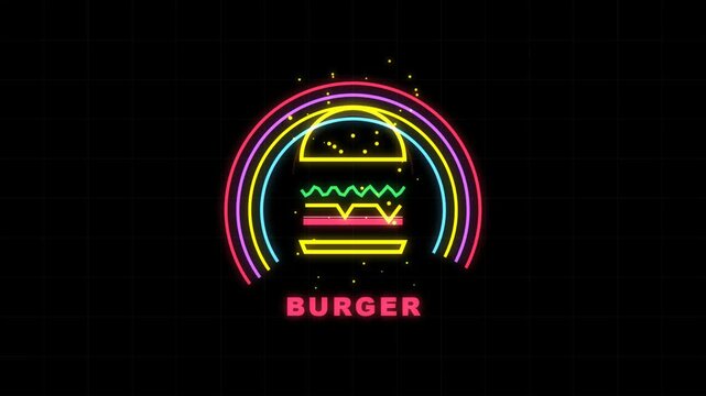 Neon burger sign icon with rainbow arches and sparkling dots 4K video fast food burger