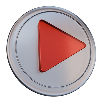 Red play button inside a circular glass-style frame for video and media. 3D play icon isolated on background. Modern symbol for streaming, entertainment, playback and digital content.