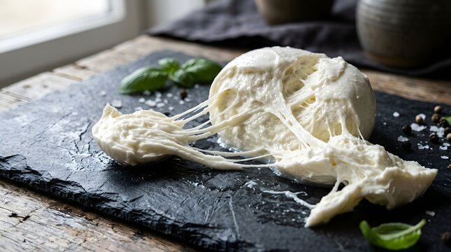 Creamy burrata cheese ball being pulled apart on a dark rustic slate board with fresh green basil leaves and salt