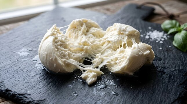 Fresh creamy burrata cheese pulled apart on a textured black slate board with natural lighting and vibrant green basil leaves