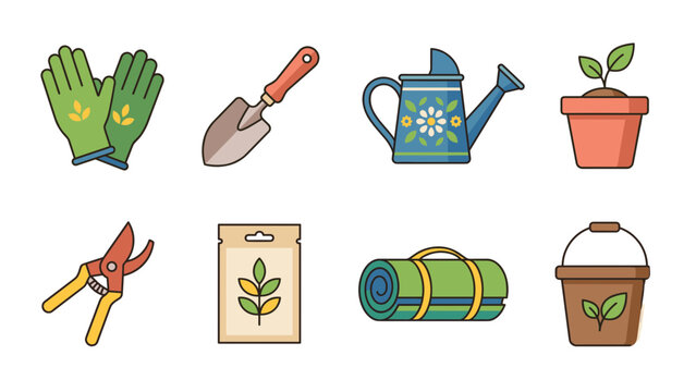 Spring Gardening Tools and Plant Care Flat Vector Icon Collection for Seasonal Nature Designs
