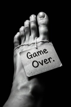Conceptual black and white photograph of a human foot with a Game Over toe tag