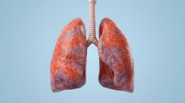 Red human lungs with trachea, isolated on blue background, anatomy
