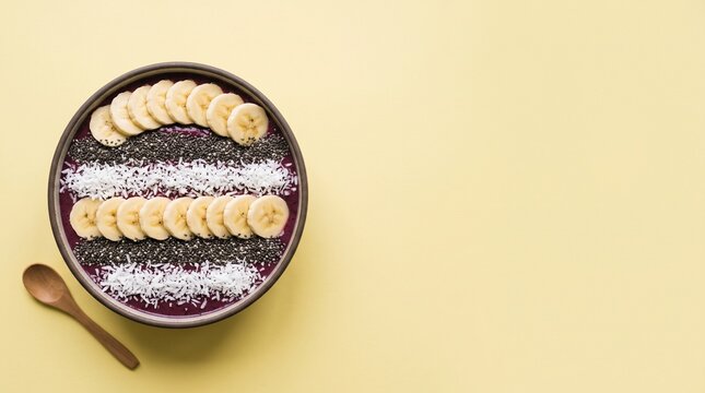 Smoothie bowl breakfast bowl with sliced banana chia seeds and shredded coconut neatly arranged flat lay on pastel yellow background with wooden spoon and abundant copy space for healthy diet plan