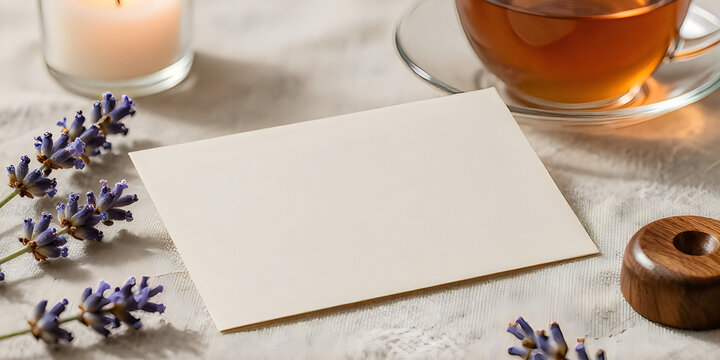 Blank greeting card with lavender sprigs and tea cup in soft sunlight.