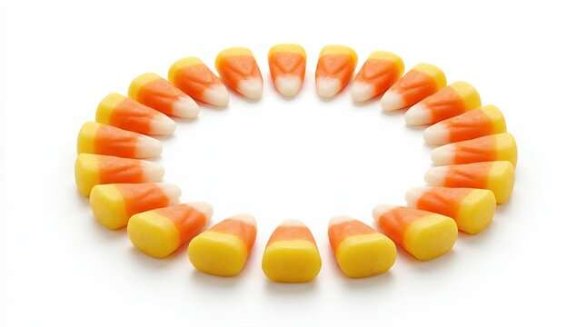 Candy corn arranged in a circle isolated on white background for Halloween holiday design