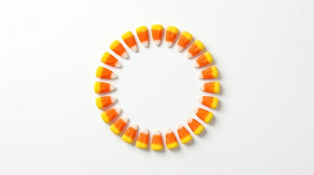 Candy corn arranged in a circle on white background for Halloween holiday celebration