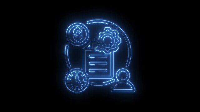 Neon glowing business process management icon with clock gear dollar coin and person symbol on